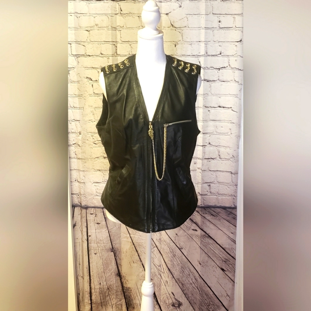 Harley-Davidson Black Leather Studded Motorcycle Vest with Gold Chain